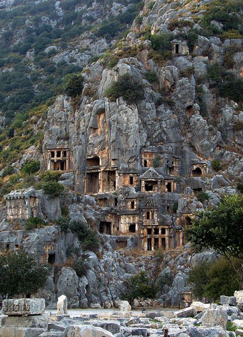 Rock-cut tombs in Myra, an ancient town in Lycia, Turkey. Paul stopped here on his way to Rome to meet the mighty Roman emperor.. Architecture Antique, Breathtaking Places, Gdansk, Ancient Architecture, Rock Formations, Ancient Cities, Abandoned Places, Places Around The World, Albania