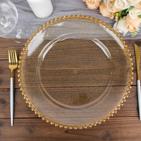 Explore our 6-pack of 12" clear gold glitter acrylic plastic charger plates with a beaded rim. An elegant touch to your dining. ✓ Get yours now! Acrylic Charger Plates, Pipe And Drape Backdrop, Gold Chargers, Traditional Dishes, Dirty 30, Charger Plate, Glitter Acrylic, Glitter Acrylics, Acrylic Plastic