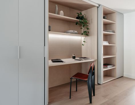 CONTEMPORIST | Contemporist features great ideas from the world of design, architecture, interior design, furniture, lighting, and art Tom Eckersley, Gray Shower Tile, Hidden Desk, Home Office Closet, Minimalist Cabinet, Light Gray Cabinets, Closet Office, Office Nook, Apartment Renovation