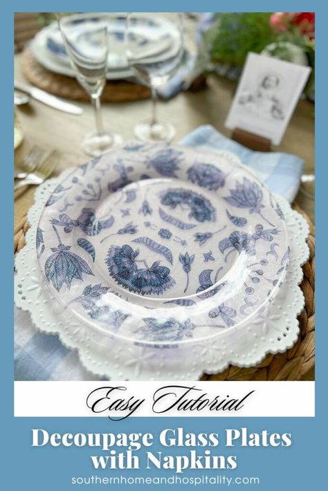 This easy step-by-step tutorial for how to decoupage glass plates using napkins is a fun craft almost anyone can do and a budget-friendly way to have pretty accent plates for any table setting! Diy Decoupage Plates, Backyard Brunch, Diy Chinoiserie, White Tablescape, Dishwasher Safe Mod Podge, Chinoiserie Pumpkins, Decorative Paper Napkins, Decoupage Plates, Clear Glass Plates