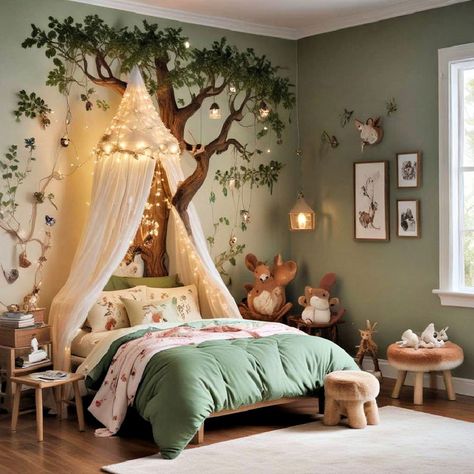 25 Modern Girl Bedroom Ideas You Can Steal Today Green Toddler Room Girl, Flower Bedroom Ideas For Kids, Girls Garden Bedroom, Kids Fairy Room, Enchanted Garden Bedroom, Whimsical Forest Bedroom, Kids Room Design Girl, Girls Forest Bedroom, Green Childrens Bedroom