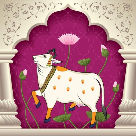 Indian Traditional Background, Krishna With Cow Madhubani Paintings, Traditional Mural Painting, Traditional Motifs Design Indian, Krishna And Cow Paintings, Madhubani Wall Painting, Indian Cow Painting, Pichwai Background, Pichwai Motifs