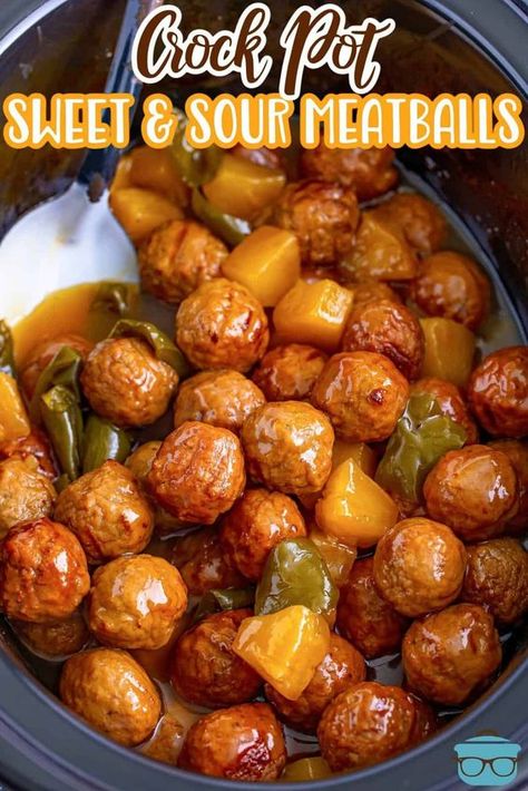 Crock Pot Sweet and Sour Meatballs are a delicious and easy recipe! Meatballs, pineapple and peppers are all coated in a homemade sweet and sour sauce! Sweet And Sour Meatballs Freezer Meal, Chinese Meatball Recipes, Slow Cooker Sweet And Sour Meatballs With Pineapple, Freezer Sweet And Sour Meatballs, Rock Pot Meatballs, Meatballs Crockpot Pineapple, Meatballs With Pineapple And Peppers, Crockpot Meatballs Sweet Chili Sauce, Meatballs Crockpot Sweet And Sour