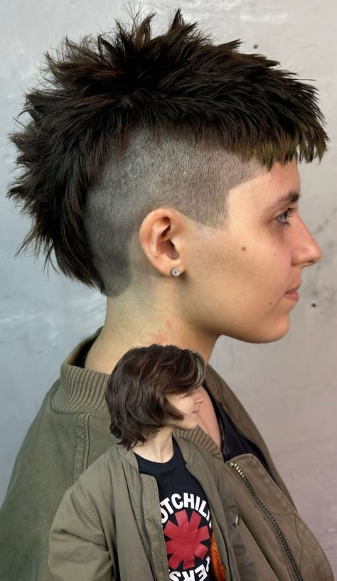 Dyed Hairstyles For Short Hair, Really Thick Short Hair, Short Punk Hairstyles Men, Mohawk Side Profile, Mohawk Unstyled, Unique Haircuts Men, Short Alternative Haircuts Men, Short Alt Haircuts Men, Modern Mowhak Hairstyle