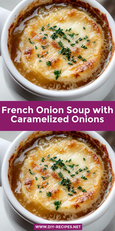 This French Onion Soup recipe is all about the rich caramelized onions! Topped with cheesy toasted bread, it’s the perfect cozy dish for cold days. French Onion Soup With Brandy, French Onion Soup With Chicken, Rich French Onion Soup, French Onion Soup Casserole Recipe, Longhorn French Onion Soup Recipe, Small Batch French Onion Soup, French Onion Soup No Wine, Erin French Recipes, Outback French Onion Soup Recipe