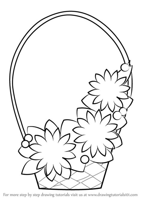 Learn How to Draw Flowers Basket for Kids (Flowers) Step by Step : Drawing Tutorials Flowers Basket Drawing, Basket With Flowers Drawing, Basket Drawing Easy, How To Draw A Basket, Flower Basket Drawing, Easy Flower Drawings, Printable Flower Coloring Pages, Basket Drawing, Flower Outline