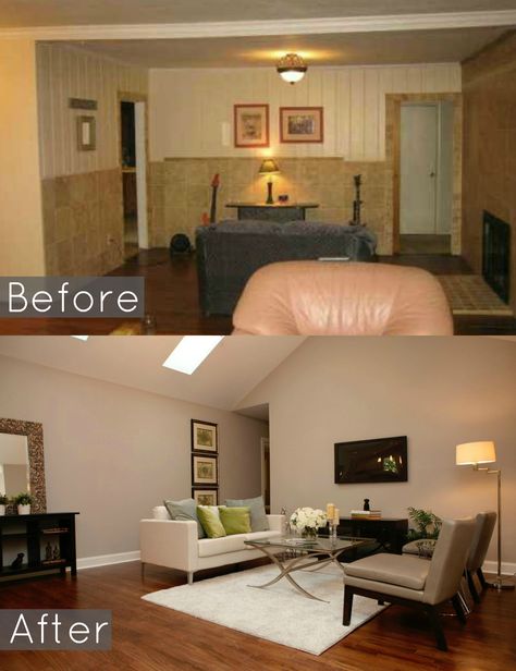 Before and After --really ugly paneling and tile. We moved the entire wall. We had to gut the complete inside putting the family room of this ranch in the center of the house with NO windows. Jack was brilliant and vaulted the ceiling and added skylights. #baystreetbungalows #houseflip #remodel #ranchredo #beforeandafter House With No Windows, 1970 House Remodel, Ceiling With Skylights, 1980s House, Ceiling Remodel, Raised House, Vaulted Ceiling Living Room, Urban Loft, Home Addition