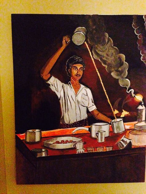 Chai kada - traditional  Kerala tea stall worker dexterously pouring hot steaming tea in to gleaming steel cups to cool it down... Tea Stall Painting, 2d Cafe, Tea Stall, Pohela Boishakh, Tea Time Food, Indian Tea, Paintings Ideas, Art Palette, Cup Art