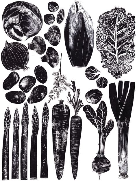 "Veg" food print by Alice Pattullo, Illustrator. http://www.blogger.com/profile/04879547214195888306. Tags: Linocut, Cut, Print, Linoleum, Lino, Carving, Block, Woodcut, Helen Elstone, Vegetables. Vegetable Drawing, Sketchbook Drawings, Hur Man Målar, Illustration Food, White Illustration, Arte Popular, Black And White Illustration, Art And Illustration, Linoleum