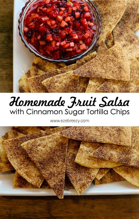 Fruit Salsa with Cinnamon Sugar Tortilla Chips Cinnamon Sugar Tortilla Chips, Cinnamon Sugar Tortilla, Cinnamon Sugar Tortillas, Tortilla Chip Recipe, Cinnamon Tortilla Chips, Cinnamon Tortillas, Cinnamon Chips, Fruit Salsa, Chips Recipe