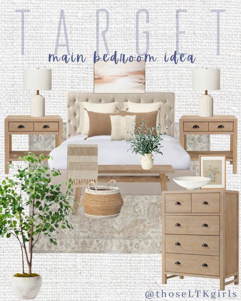 Bedroom With Tan Bedding, Blonde Wood Bedroom Furniture, Cream Tufted Bedroom Ideas, Tan Bedroom Furniture, Cream Tufted Headboard Bedroom, Cream And Wood Bedroom, Light Brown Bedroom Furniture, Target Bedroom Ideas, Neutral Bedroom Decor Earth Tones