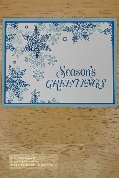 Christmas Card hand stamped w/ SU Lace Snowflakes & Merry Snowflakes. Pacific Point & Balmy Blue ink & CS, Basic White CS. Blue Adhesive Gems, Silver Glitter Dust. Except the Glitter Dust, all other products Stampin' Up! One less Christmas card I need to make in December! Goal For 2023, Blue Christmas Cards, Christmas Goals, Christmas Cards 2017, Stamped Christmas Cards, Homemade Birthday Cards, Snowflake Cards, Christmas Card Set, Homemade Christmas Cards