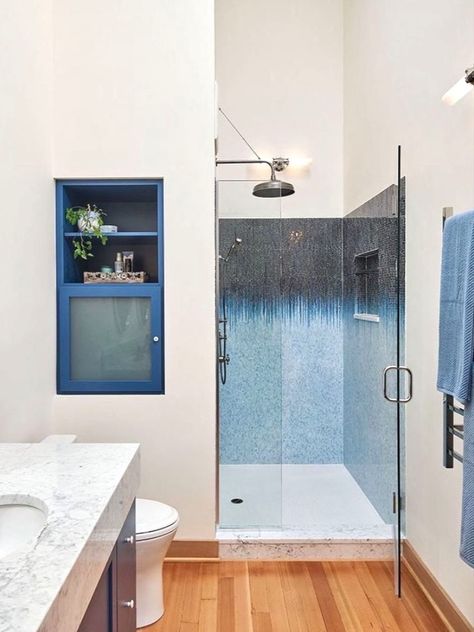 Jaw dropping ombre/rain dripping tile and carrara on the countertops, shower ledge, and shower step. Ombre Shower Tile, Ombre Tile Wall, Ombre Subway Tile, Ombre Mosaic Tile, Shower Ledge, Blue And White Bathroom, Shower Step, Ombre Shower Curtain, Bathroom Design Inspiration