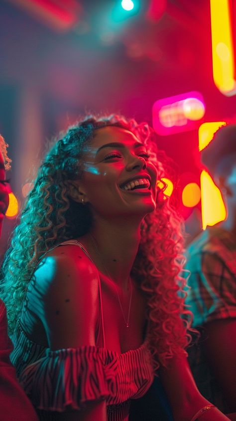 Joyful Club Night: A young woman enjoys a lively night out, surrounded by colorful neon lights and joy. #nightlife #woman #neon #joy #club #aiart #aiphoto #stockcake ⬇️ Download and 📝 Prompt 👉 https://ayr.app/l/zT6h Glow In The Dark Photoshoot, Night Club Photography, Club Party Nightclub, Neon Lights Photography, Celebration Dance, Club Photography, Club Lighting, Women Laughing, Outdoor Music