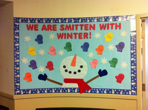 Winter bulletin board. "We are smitten with winter" and the mittens have the children's names on them. December Bulletin Boards, Winter Bulletin Board, Christmas Bulletin Boards, January Bulletin Boards, Winter Bulletin, Birthday Bulletin Boards, Birthday Bulletin, Winter Bulletin Boards, Christmas Bulletin Board