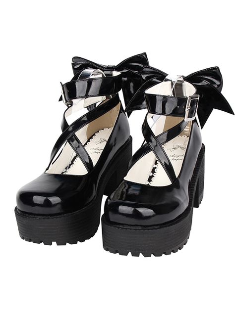 Cheap Round-toe Black Patent Leather Bowknot Lolita High Heel Shoes In 8 cm Sale At Lolita Dresses Online Shop Women Converse, Gothic Shoes, Dr Shoes, Cosplay Shoes, Bow Shoes, Womens Shoes High Heels, Platform High Heels, Leather Shoes Woman, Shoes Pumps