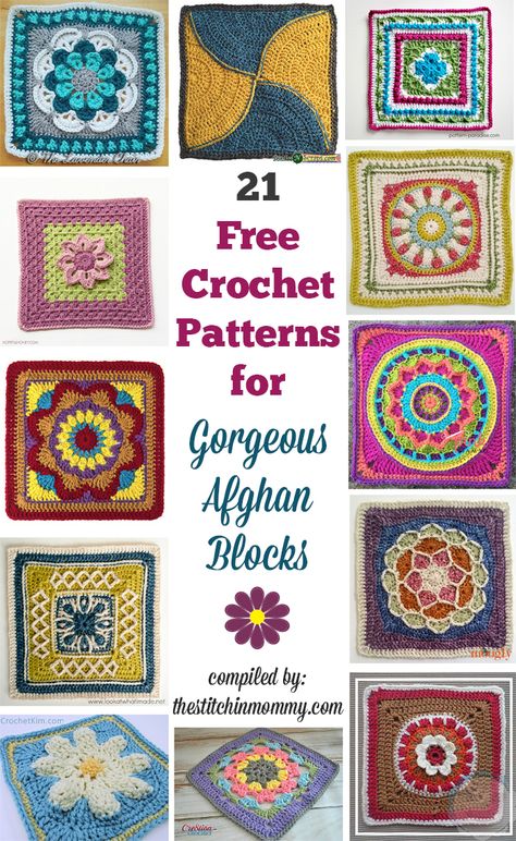 21 Free Crochet Patterns for Gorgeous Afghan Blocks compiled by The Stitchin' Mommy | www.thestitchinmommy.com Motifs Afghans, Motifs Granny Square, Crochet Squares Afghan, Granny Square Crochet Patterns Free, Crochet Blocks, Afghan Patterns, Afghan Pattern, Crochet Square Patterns, Granny Squares Pattern