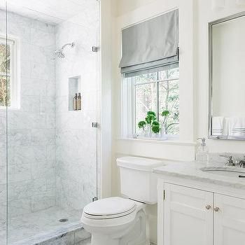 White Bathroom with Platinum Gray Roman Shade Toilet Under Window, Window Over Toilet, Small Half Baths, Pole Barn Ideas, Small Bathroom Window, Small Half Bath, Condo Remodel, Over Toilet, Bathroom Closet