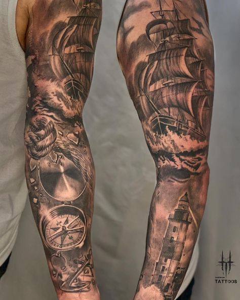 Nautical Sleeve Tattoos For Guys, Ship And Storm Tattoo, Ghost Ship Tattoo Sleeve, Sea Sleeve Tattoo Men, Nautical Tattoos Mens, Nautical Lighthouse Tattoo, Black And Grey Pirate Ship Tattoo, Men’s Nautical Tattoos, Men Ocean Tattoo