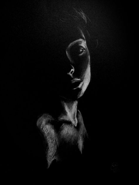 White charcoal on black paper by @kelseyknobel White On Black Portrait Drawing, Chalk On Black Paper Art, Charcoal On Canvas Drawing, White Chalk Art On Black Paper, Charcoal And Chalk Drawings, Portraits On Black Paper, Black And White Charcoal Drawings, Messy Charcoal Sketches, White Chalk On Black Paper