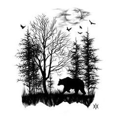 Tree Tattoo Art, Forest Tattoo Sleeve, Tattoo Fairy, Tree Sleeve, Pine Tree Tattoo, Forest Silhouette, Bear Tattoos, Forest Tattoos, Silhouette Tattoos