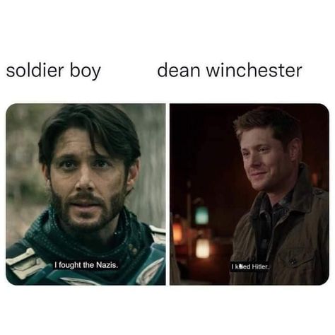 Supernatural Jokes, Spn Memes, Supernatural Actors, Soldier Boy, Supernatural Wallpaper, Supernatural Pictures, Supernatural Dean Winchester, Winchester Supernatural, Supernatural Destiel