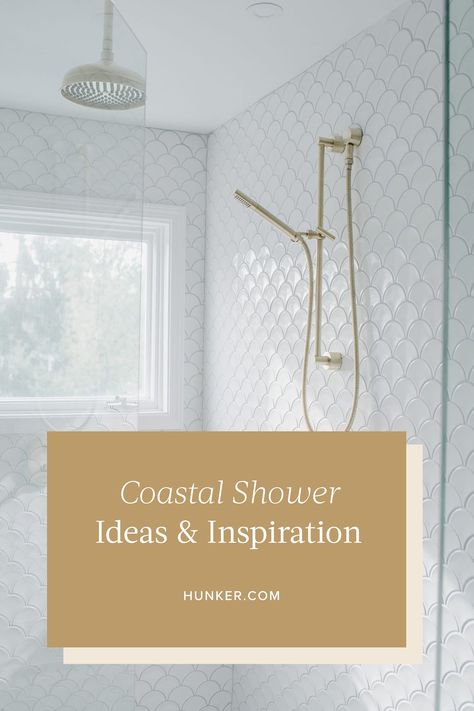 Ready to give your shower a refreshing makeover? Here are five ideas that will help you perfect the coastal look. #hunkerhome #coastal #coastalshower #coastalshowerideas #showerideas Modern Coastal Shower Tile Ideas, Cape Cod Style Bathroom Ideas, Beach Shower Tile Ideas, Beach House Shower Ideas, Coastal Farmhouse Bathroom Tile, Modern Coastal Bathroom Tile Ideas, Bathroom Tile Ideas Coastal, Beach Bathroom Tile Ideas, Coastal Style Bathroom Ideas