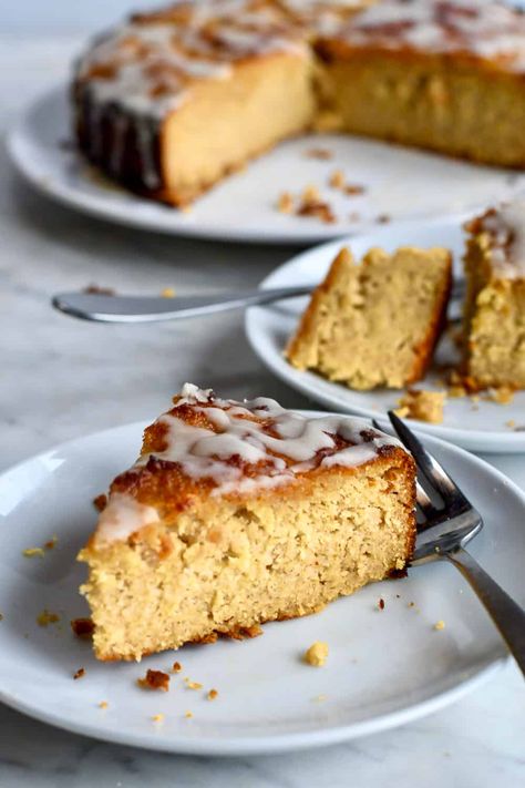 This healthy apple cake is moist and tender, sweetened with honey. It's a simple easy to make cake you can enjoy for dessert, snack or breakfast treat. The refined sugar free glaze makes it irresistible.  It’s gluten-free, grain-free, and paleo with a dairy free option. Desserts Sweetened With Honey, Shrimp With Broccoli, Healthy Apple Cake, Gf Cake, Healthy Holiday Desserts, Moist Apple Cake, Paleo Gluten Free Recipes, Lemon Garlic Shrimp, Sugar Free Sweets