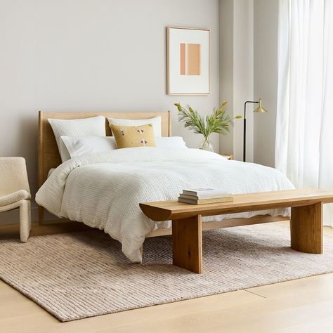 Mid Century Bedframe, Wood Frame Bed, Mid Century Bed, West Elm Bedding, Mid Century Modern Bed, Frame Bed, Solid Color Rug, Rug Guide, Wooden Bed Frames