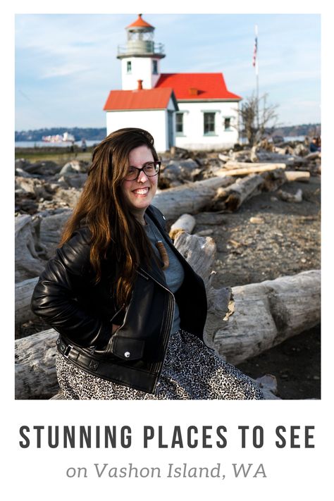 woman sitting in front of Point Robinson Lighthouse on Maury Beach on Vashon Island, one of the best things to do on Vashon Island. Vashon Island Wa Things To Do, Vashon Island Wa, Seattle Vacation, Pacific Northwest Travel, Banana Blossom, Vashon Island, Washington Travel, San Juan Island, Farm Tour