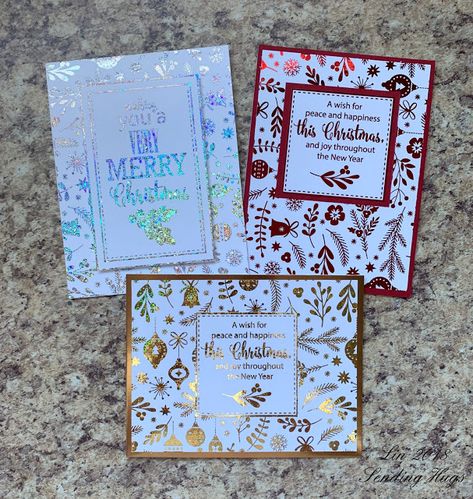 Sending Hugs: Foiled Christmas Cards Gemini Foil Press Cards, Foiled Christmas Cards Handmade, Spellbinders Glimmer Hot Foil Christmas Cards, Cricut Foil Transfer Christmas Cards, Toner Foil Cards, Hot Foil Christmas Cards, Glimmer Foil Cards, Foiled Christmas Cards, Hot Foil Cards