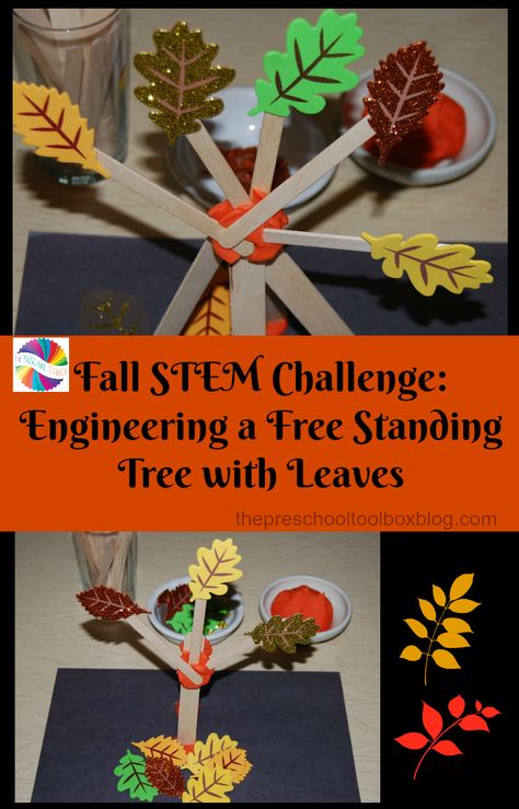 Fall #STEAMED Challenge for #Preschool and #Kindergarten. Come Engineer a Free-Standing Tree with Leaves using ONLY 3 supplies. #STEMEd #STEAM #PreschoolTeacher #PreKTeacher #ArtEd Leaf Stem Activities, Stem Fall Activities, Fall Stem Challenges, Thanksgiving Stem Activities, Fall Stem Activities, Thanksgiving Stem, Thanksgiving Activities For Kindergarten, Stem Activities Preschool, Kindergarten Stem