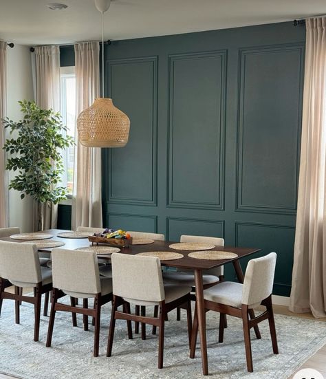 Dining Room Inspiration Paint, Brown Accent Wall Dining Room, Paneled Dining Room Wall, Dining Room Molding Ideas Wall, Wall Paneling Ideas Dining Room, Open Concept Accent Wall, Dining Room Wall Paneling Ideas, Dining Room Picture Frame Molding, Dining Room Wall Molding Ideas