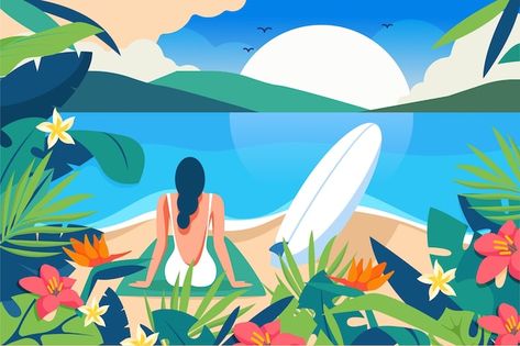 Summer landscape - background for zoom | Premium Vector #Freepik #vector #summer-season #summer-background #summer-time #summer-vacation Background For Zoom, Palm Background, Beach Wall Murals, Summer Sale Banner, Summer Logo, Beach Logo, Background Summer, Summer Poster, Beach House Art