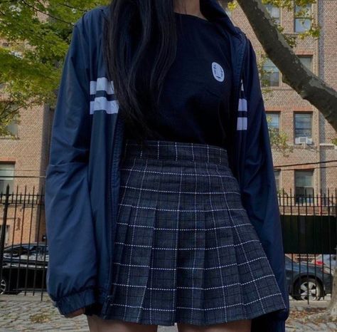 Dark Blue Korean Outfit, Gamer Clothes Aesthetic, Dark Blue Grunge Outfit, Gamer Outfits Girl, Dark Blue Outfits Aesthetic, Dark Blue Aesthetic Clothes, Grunge Blue Outfit, Black And Blue Outfit Aesthetic, Korean Blue Outfit