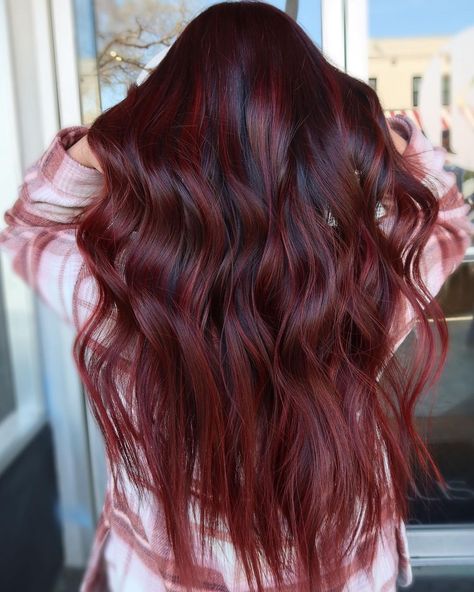 Long Dark Hair with Red Balayage Black To Auburn Balayage, Red Velvet Hair Color, Dark Red Hair With Brown, Dark Red Hair Dye, Brownish Hair, Dye Highlights, Balayage Red, Deep Red Hair Color, Red Purple Hair