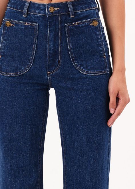 Denim flares featuring an ultra flattering fit, high waist, slim fit through the thigh and major flare leg opening. Check out those killer front flap pockets with button detailing! Specially angled and shaped pockets in the back for a truly peachy looking butt. Made of cotton denim with a hint of stretch for comfort. Classic dark blue denim wash! Approx. a 32" inseam. Features: Denim flares Majorly babe'n high waist with an 11" rise Fitted through waist, hip, and thigh, with a true flare leg Fro Denim Projects, Frye Boots, Dark Blue Denim, July 11, Dress For Success, Hey Girl, Denim Flares, Womens Fashion Trends, Cosmopolitan