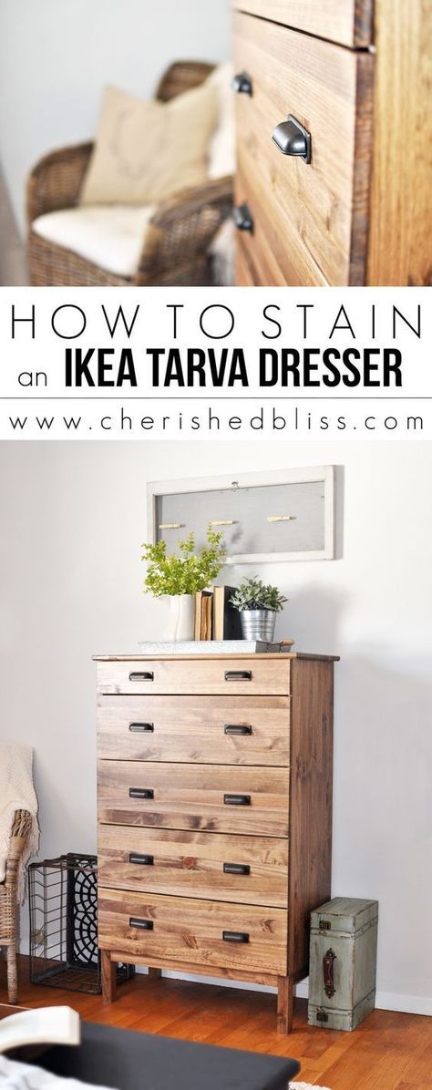 Ikea Hack | How to Stain an Ikea Tarva Dresser Diy Nursery Furniture, Dresser Makeover Diy, Diy Kallax, Dresser Ikea, Tarva Dresser, Ikea Tarva Dresser, Ikea Tarva, Rustic Dresser, Kitchen Ikea