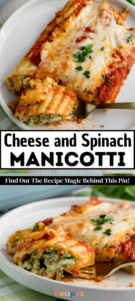 Baked Manicotti, stuffed with ricotta, parmesan, mozzarella, and spinach, bathed in marinara sauce, and topped with shredded mozzarella cheese, is an impressive-looking but easy-to-make baked pasta dish that the whole family will enjoy! Ricotta Stuffed Manicotti, Spinach Manicotti, Baked Manicotti, Stuffed Manicotti, Garlic Steak, Cheese Spaghetti, Baked Pasta, One Pan Chicken, Weeknight Dinner Recipes Easy