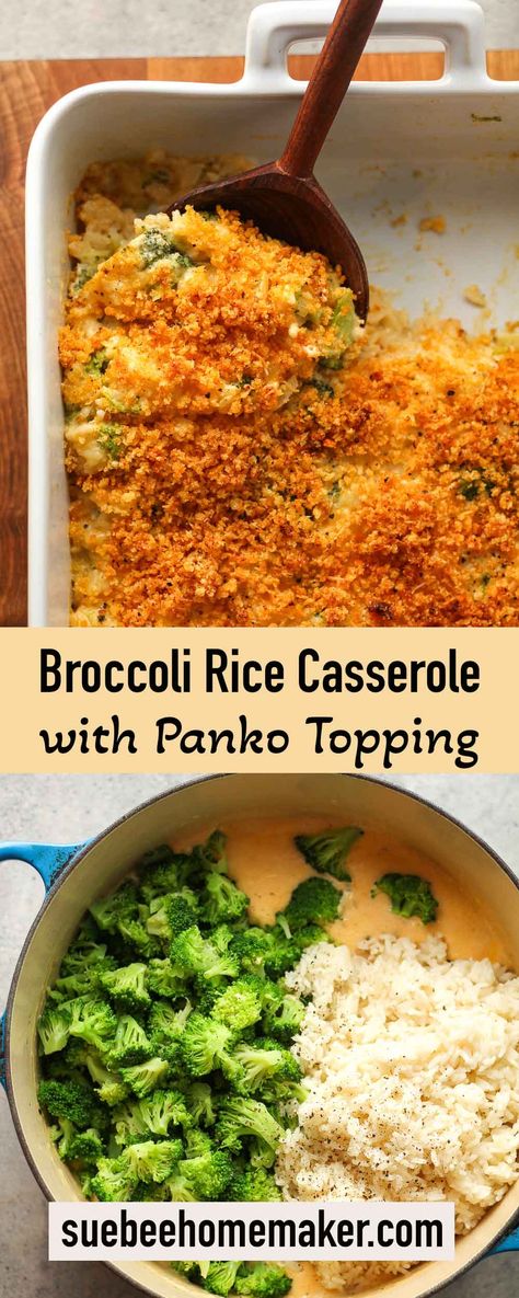 Broccoli Rice Casserole with Panko Topping is a deliciously hearty dish made with tender broccoli florets, fluffy rice, and a rich, cheesy sauce. Topped with crunchy Panko breadcrumbs, it's baked to perfection, resulting in a golden, bubbly top layer that's both flavorful and satisfying. Broccoli Cheddar Rice Recipe, Broccoli Rice And Cheese Casserole With Fresh Broccoli, Thanksgiving Broccoli Rice Casserole, Broccoli Rice Casserole No Canned Soup, Brócoli Rice Casserole, Easy Broccoli Rice And Cheese Casserole, Healthy Broccoli Rice Casserole, Brocolli Rice Cheese Casserole, Broccoli Cheese Casserole With Rice