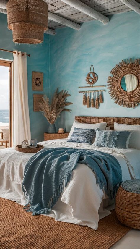 29 Blue Boho Bedroom Ideas 23 Blue Bedroom White Furniture, Blue Boho Bedroom Ideas, Blue Boho Bedroom, Boho Beach Bedroom, Decorate Airbnb, Boho Coastal Bedroom, Ocean Themed Rooms, Ocean Room Decor, Free Home Decor