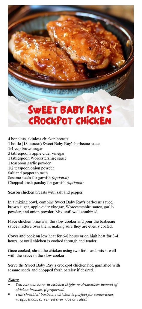 Sweet Baby Ray's Crockpot Chicken Sweet Baby Rays Crockpot Chicken, Sweet Baby Rays, Chicken Crockpot Recipes, Crockpot Recipes Easy, Crockpot Chicken, Chicken Dishes, Slow Cooker Recipes, Crockpot Recipes, New Recipes