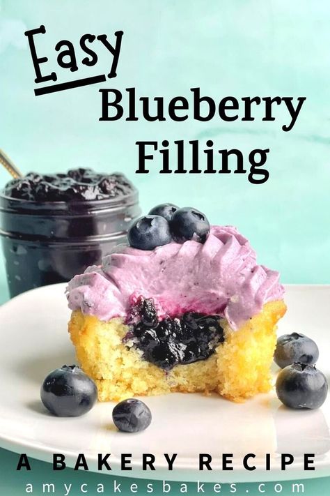 a vanilla cupcake with blueberry cupcake filling on a plate Blueberry Cake Filling Recipe, Easy Blueberry Cake, Cupcake Filling Recipes, Blueberry Cupcakes Recipe, Cupcake Filling, Blueberry Cake Filling, Blueberry Cupcake, Blueberry Frosting, Blueberry Filling