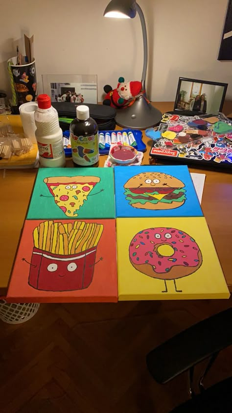 Canvas Food Painting, Simple Food Paintings, Cartoon Food Painting, Food Painting Ideas Easy, Food Painting Canvas, Pizza Canvas Painting, Painting Ideas On Canvas Food, Food Painting Acrylic Easy, Easy Food Paintings