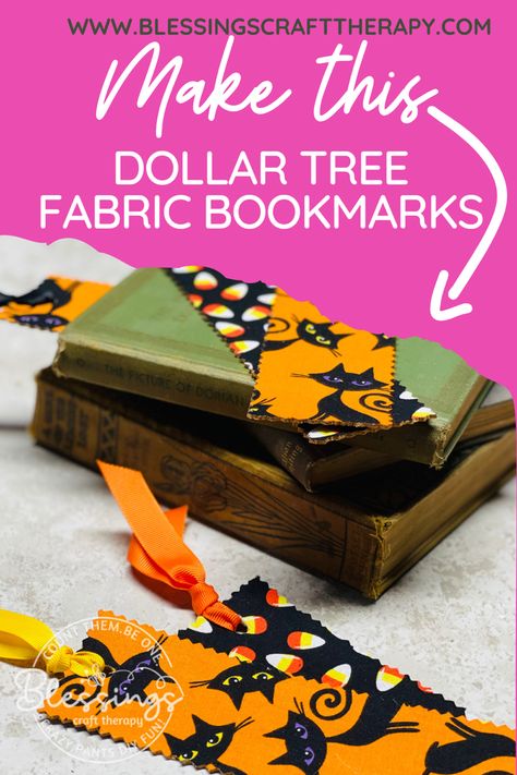 Diy Picture Bookmarks, How To Store Bookmarks, Diy Bookmarks Fabric, Making Bookmarks With Kids, Halloween Bookmark Craft, Diy Halloween Bookmarks, Fall Bookmarks Diy, Dollar Tree Fabric Crafts, Halloween Bookmarks Diy