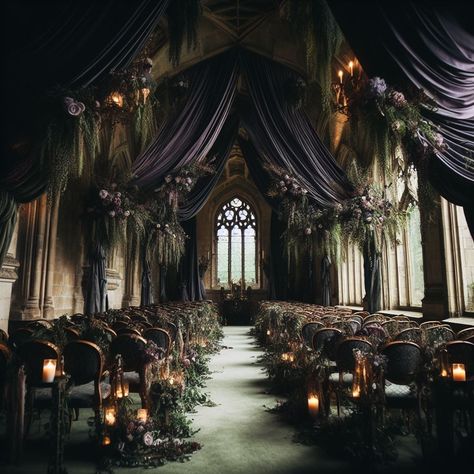 Dark Royalty Wedding, Gothic Venue Wedding, Dark Fairy Tail Wedding, Dark Wedding Venue Aesthetic, Romantic Goth Wedding Decor, Gothic Inspired Wedding, Black Fairytale Wedding, Gothic Architecture Wedding, Goth Fantasy Wedding