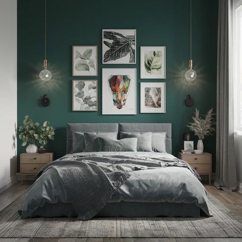 Gallery Wall Lights, Light Grey Headboard Bedroom, Green Blue Bedroom, Blue Green Bedroom, Grey Headboard Bedroom Ideas, Creative Bedroom Ideas, Grey Headboard Bedroom, Blue Green Bedrooms, Funky Bedroom