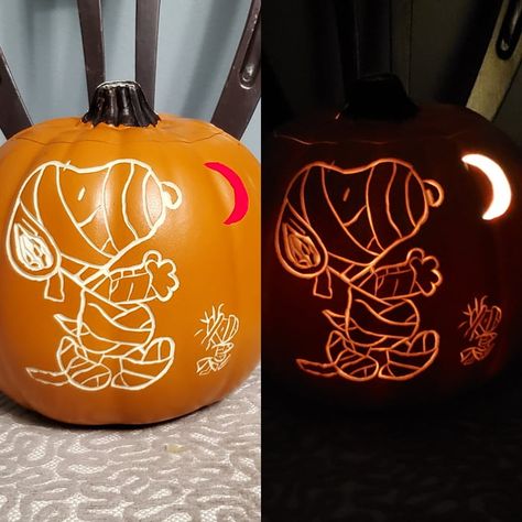 Mummy Snoopy and Woodstock in a small craft pumpkin Snoopy Halloween Mummy, Pumpkin Carving Ideas Snoopy, Peanuts Pumpkin Carving, Snoopy Pumpkin Carving, Cute And Easy Pumpkin Carving Ideas, Disney Pumpkin Painting, Pumpkin Carving Stencils Templates, Halloween Food Crafts, Halloween Pumpkin Stencils