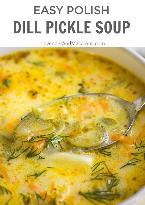 If you're looking for a soup recipe to warm you on a cold autumn night, this 30 minute Dill Pickle Soup will do the job. It's loaded with briny dill pickles, potatoes, carrots and onions for a hearty and cozy soup your whole family will enjoy! This easy and simple recipe is made no time and perfect for lunch or dinner. Pickle Potato Soup, Creamy Dill Pickle Soup, Dill Pickle Soup, Pickle Soup, Lavender Macarons, Savory Soups, Soup And Stew, Cold Spring, Easy Soups