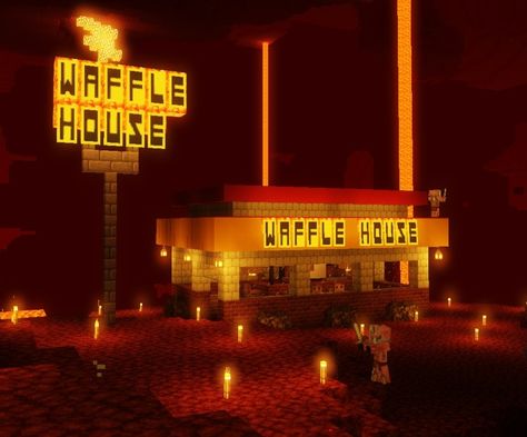 Minecraft Dance Club, Food Houses Minecraft, Minecraft Fast Food Places, Minecraft Waffle House, Minecraft Menu Banner, Minecraft Apple House, Minecraft Puzzle Ideas, Cursed Minecraft Builds, Underground Entrance Minecraft